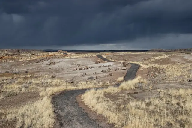 Un chemin qui s'étend à travers un paysage désertique, vers un météo très sombre.